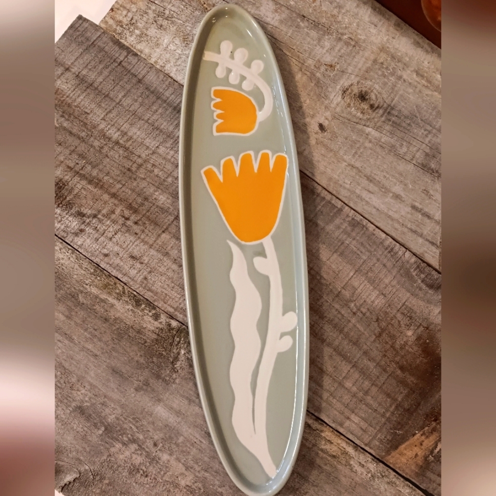 ** Stoneware Sage Tray with Yellow Tulips Mid Century Modern Cottage Core